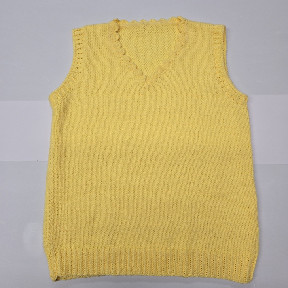 Vintage Handmade Yellow Knit V-Neck Sweater Vest Scalloped Trim Pullover
